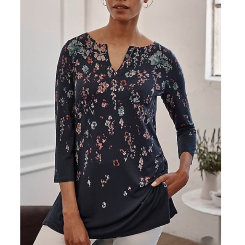 NWT J. Jill Wearever Tunic Blue Size XSP Falling Flowers Split Neckline 26" Long